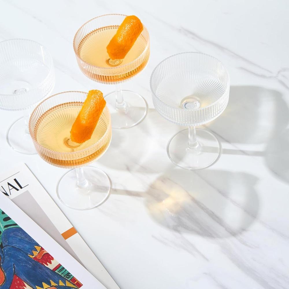 4ks Akrylové Vintage Art Deco Nerozbitné Sklenice Kupé na Martini Víno Šampaňské a Koktejlové Sklenice Plastové Žebrované Sklenice 11,5oz