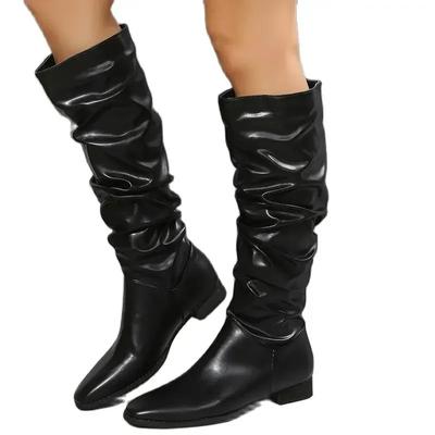 2024 Shoes for Women 2024 Spring Knee High Boots Red Black White Tall Boots Woman Pleated Low Heel Casual Leather Female Long Shoes
