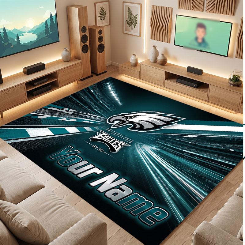 Philadelphia Eagles Personalisiertes Kristall-Samt-Teppich, Benutzerdefinierter Namens-Text Weicher Anti-Rutsch-Teppich für Wohnzimmer Schlafzimmer