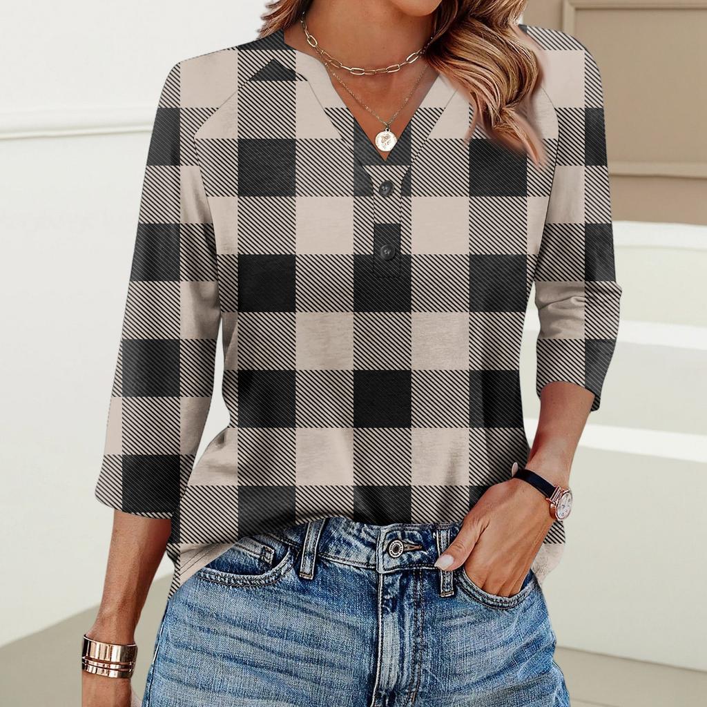 Damenmode Lässig Bedrucktes V-Ausschnitt Knopf Dreiviertelarm T-Shirt Raglanärmel Top