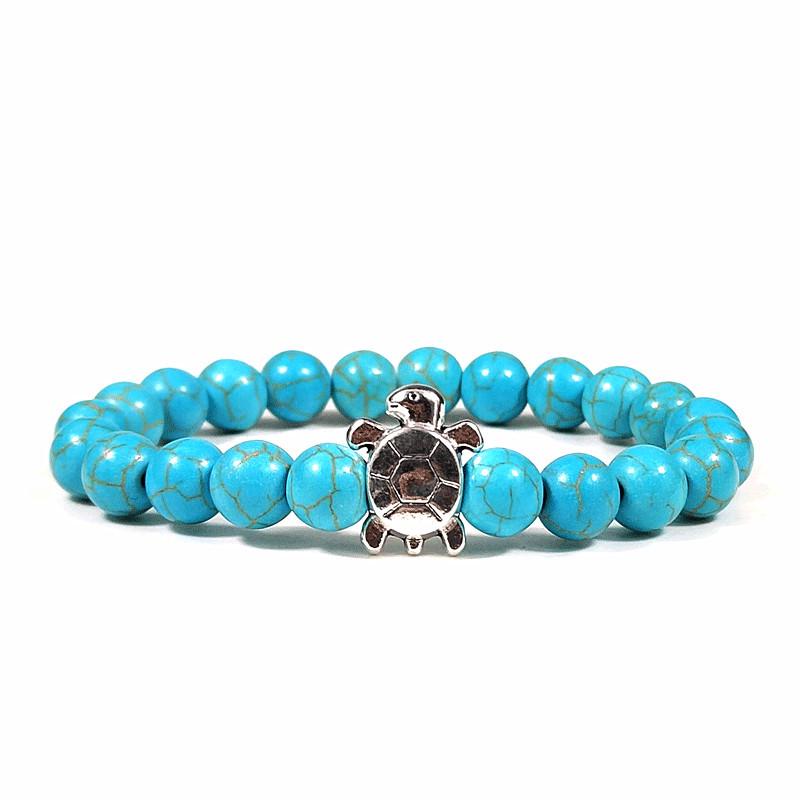 Tiger Eye  White Turquoise Turtle Bracelet - Single Strand Natural Stone Jewelry 8mm-19cm