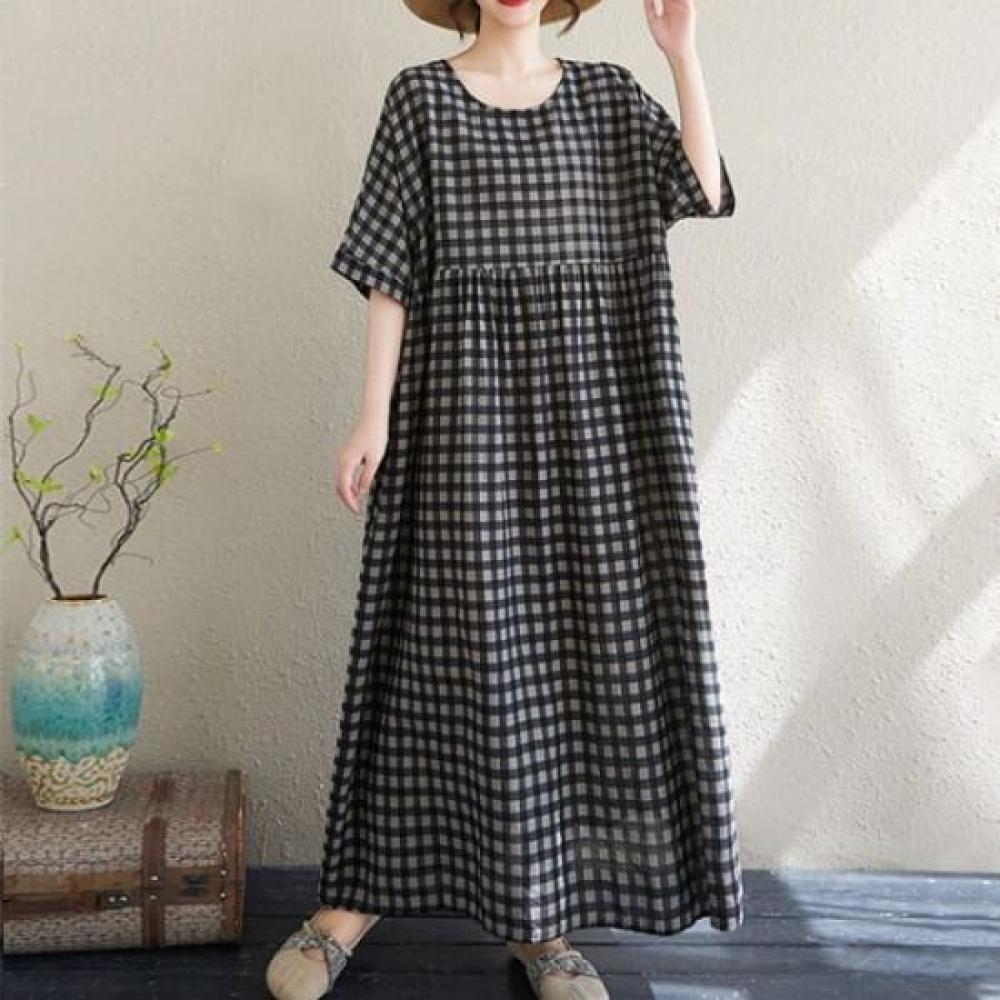 Navava Women Casual Loose Fit Check Short Sleeve Dress No917