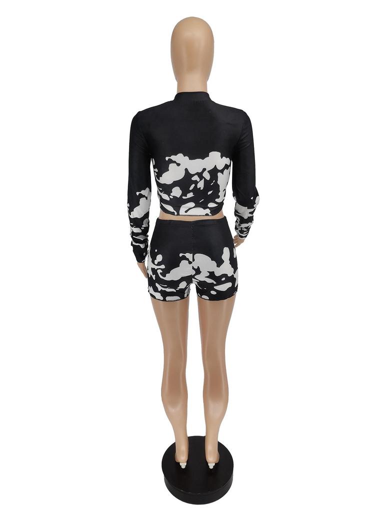 JH5817 Women's European & American Print Long-Sleeve Shorts Casual Two-Piece Set