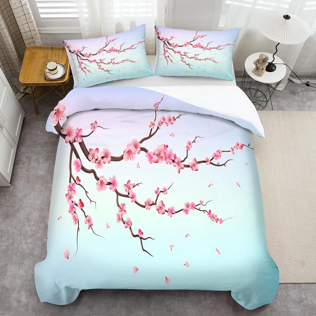 Red Cherry Blossoms 3D Printed Quilt Cover Rustic Floral Style Polyester Duvet Cover Soft Comfortable Bedding Set Pillowcases