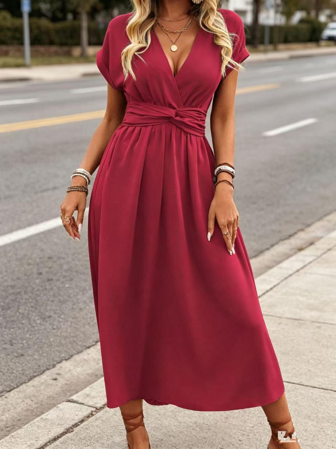 Women s cross-border 2026V neck pleats solid color waist kink slim and thin high-end dress temperament elegant S красный