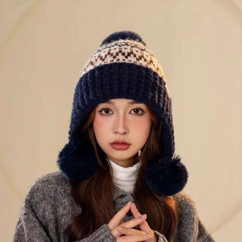 Bonnet Tricoté Rétro Style Îles Féroé pour Femmes Chapeau Chaud Automne Hiver Polyvalent Mignon Chapeau Oreilles Protection Pompon