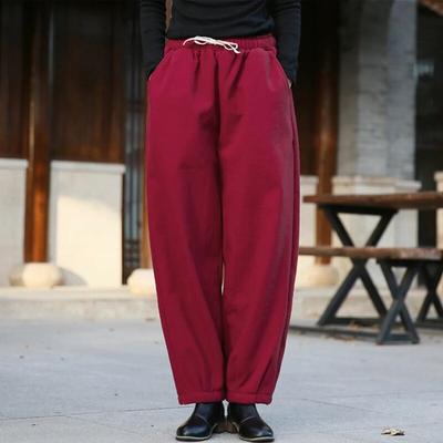 Women Vintage Cotton Linen Pants Elastic Waist Solid Color Trouser Thick Winter Warm Straight Pants