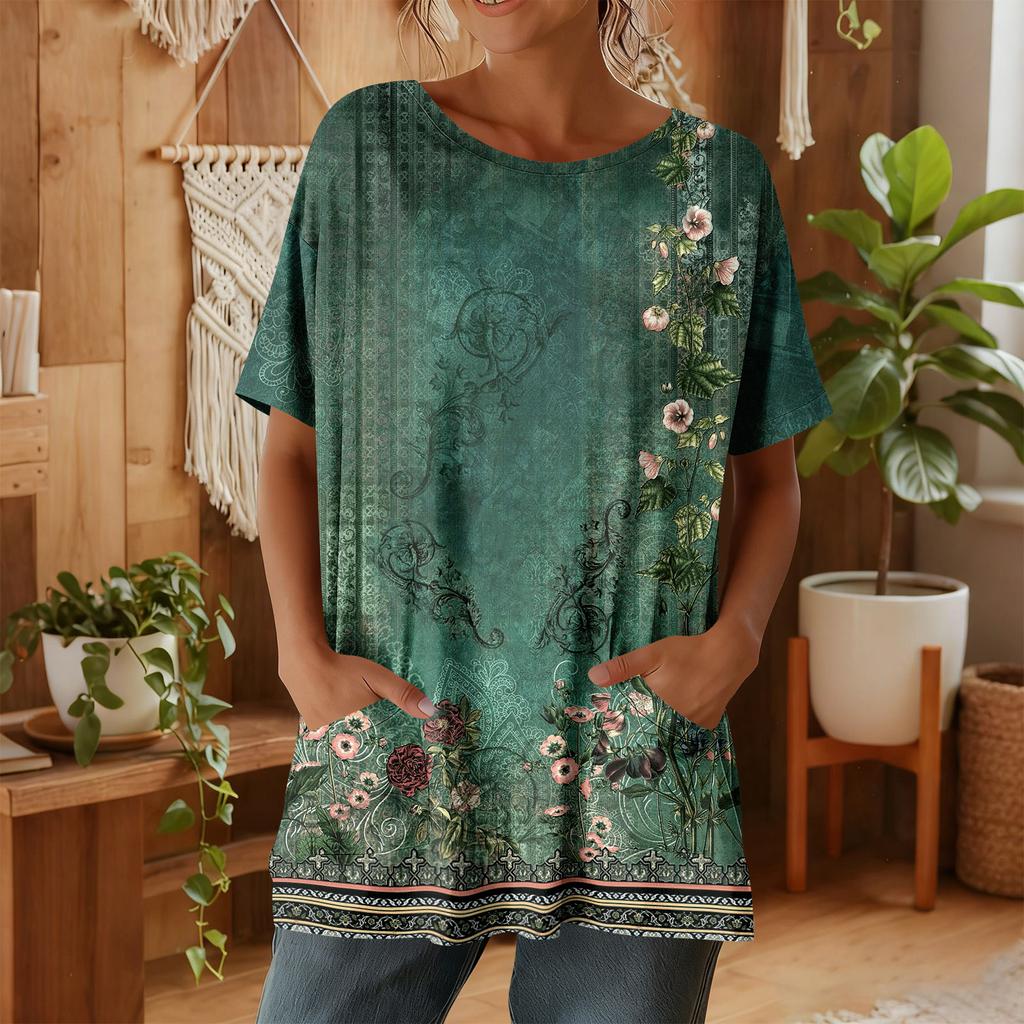 Top casual da donna alla moda a maniche corte con stampa floreale