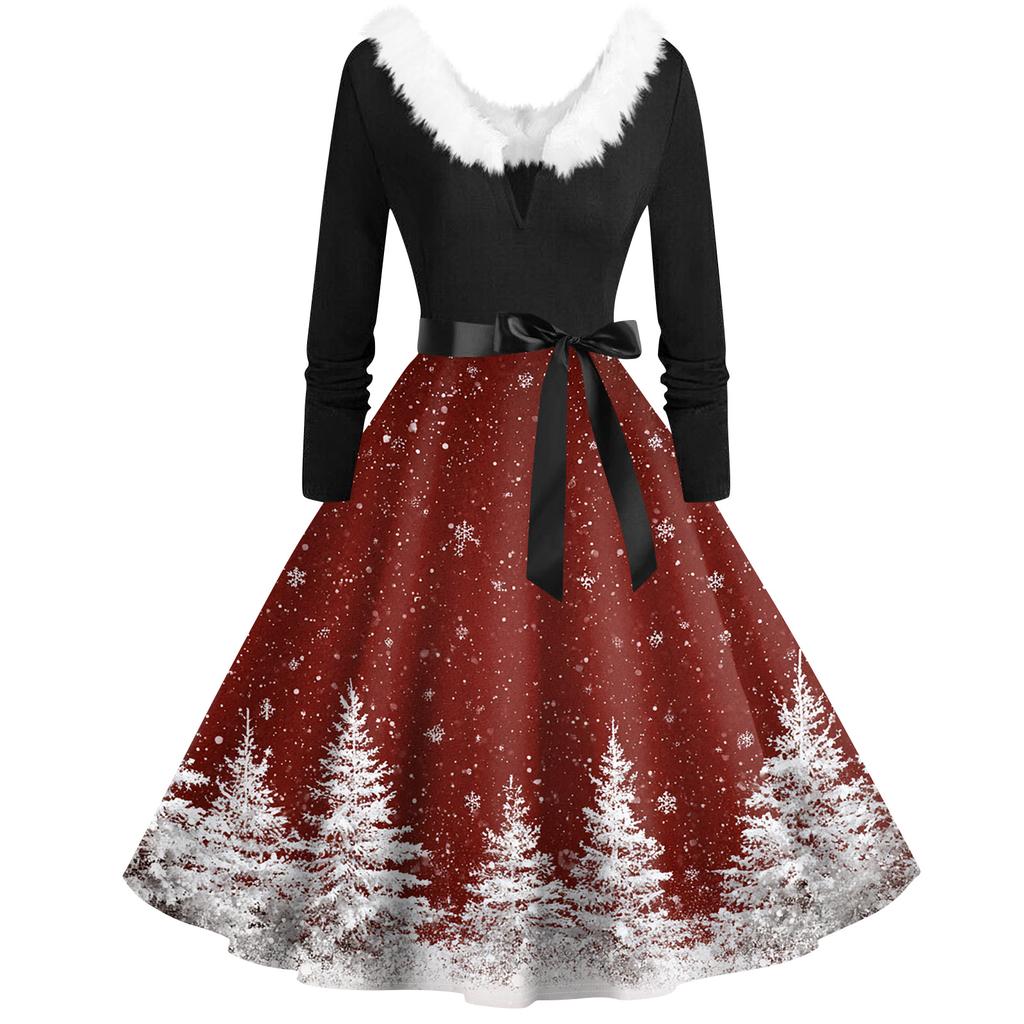 Women's Fashion V-Neck Casual Slim Christmas Printed Long Sleeve Hair Collar Dresses