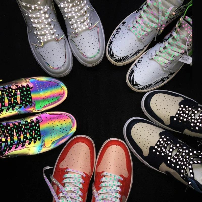 1 Paar Neue Sport Weiße Stern Schnürsenkel Schnüre Holografisch Reflektierende Schnürsenkel Coole Sneaker Laufschuh Schnürsenkel für Erwachsene Kinder