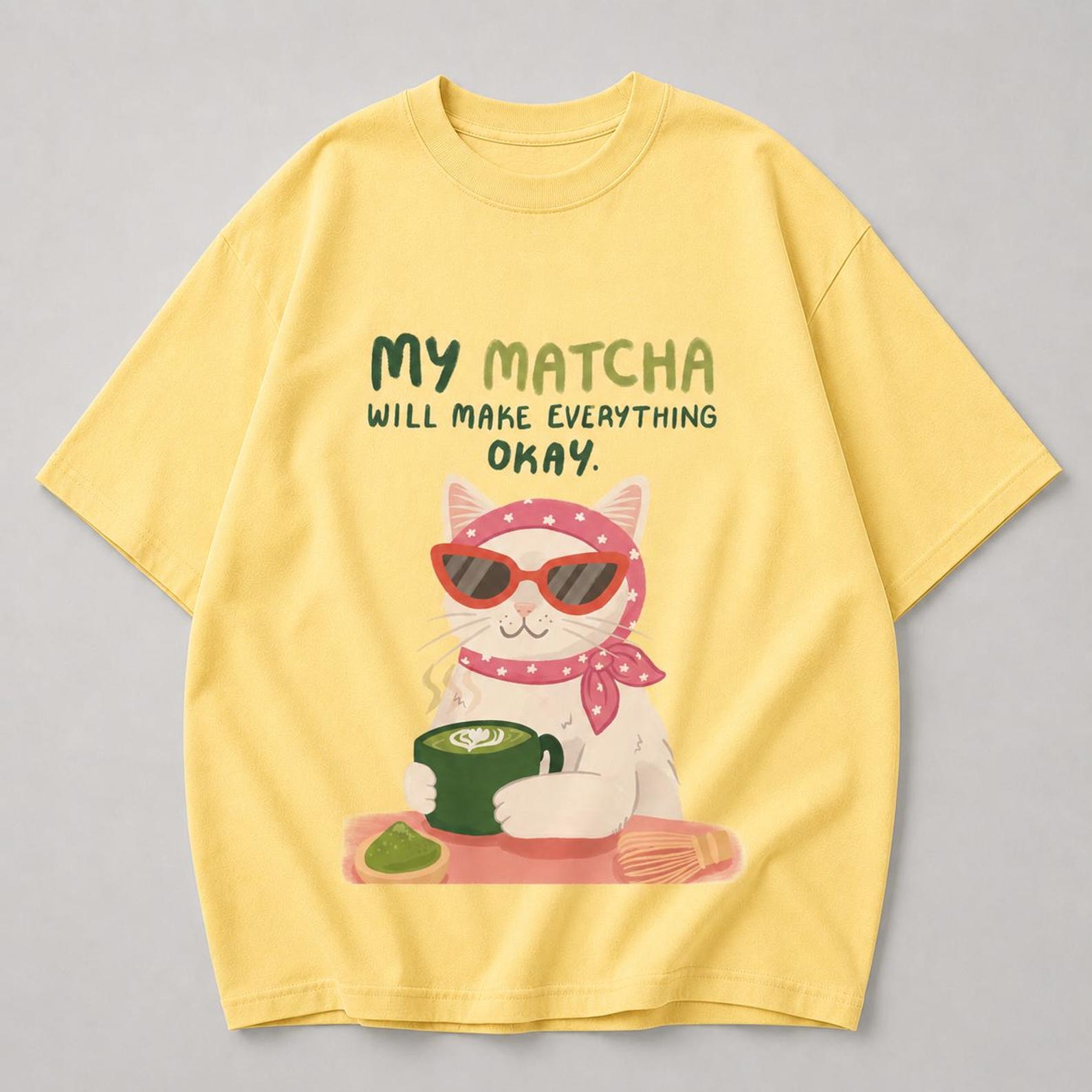 Matcha Cat Graphic Tee – Kawaii Pastel Cat Lover Shirt, Cozy Streetwear Style 3XL