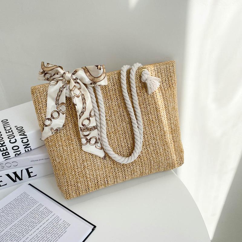 Simple And Large-Capacity Straw Woven Bag Fashion Silk Scarf Women S Shoulder Bag Trendy Woven Zipper Handbags For Women 33x6.5x25cm