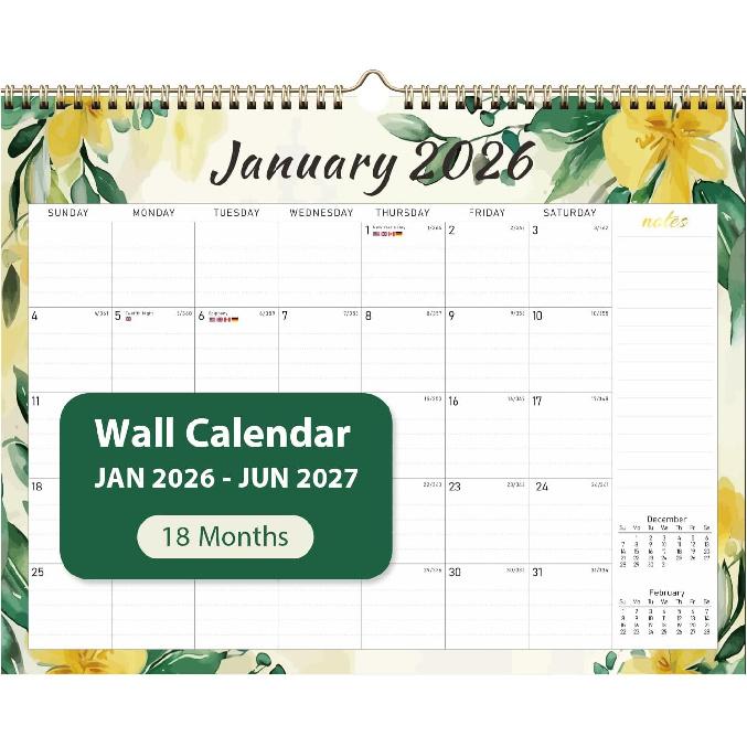 2026 Wall Calendar, Monthly Wall Calendars, Jan 2026 - Jun 2027, Desk Planner (8.5" x 11"), Hanging for Home, School, Office Supplies