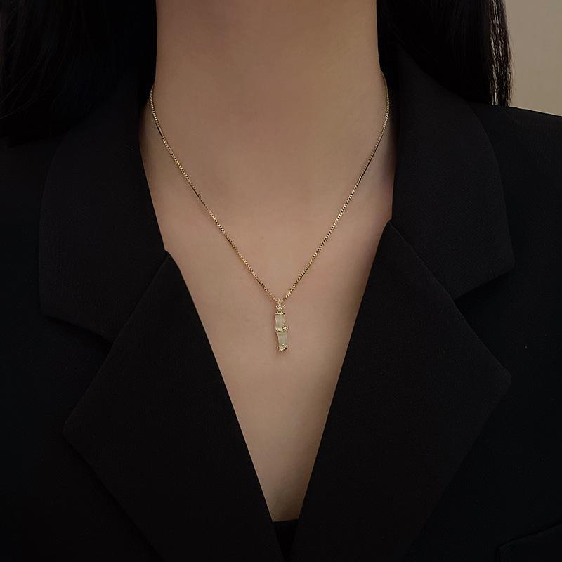 Trendy Bamboo Titanium Steel Necklace with Cat's Eye Stone – High-End, Luxurious Clavicle Chain for Women