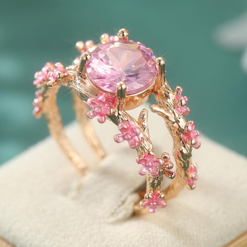 Vintage Inlaid Pink CZ Flower Women's Ring Aesthetic Gold Color Hand Carving Daily Wear Party Jewelry Anniversary Gift