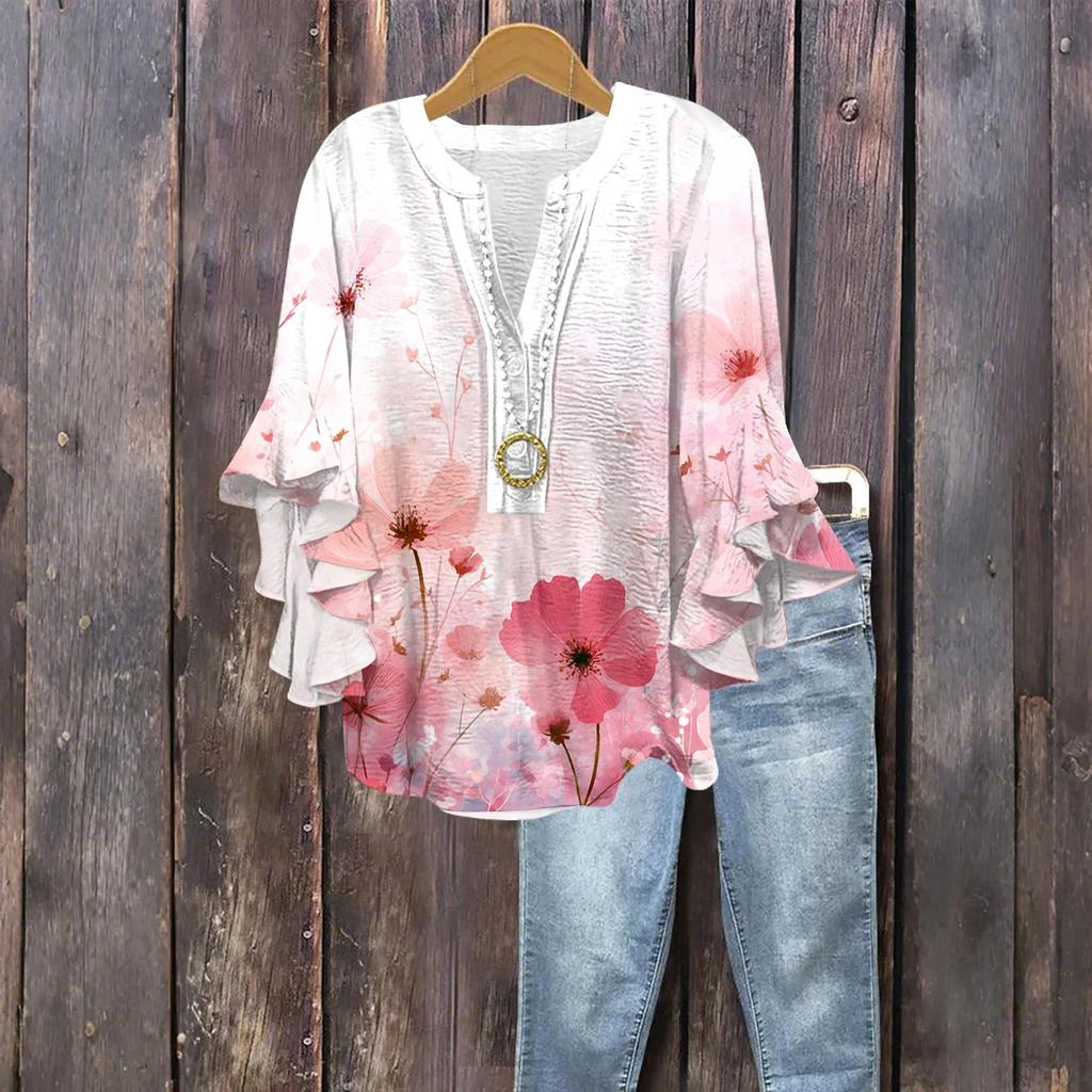 Damenmode Knopf V-Ausschnitt Rüschen Siebenärmel Bluse Geblümtes Top