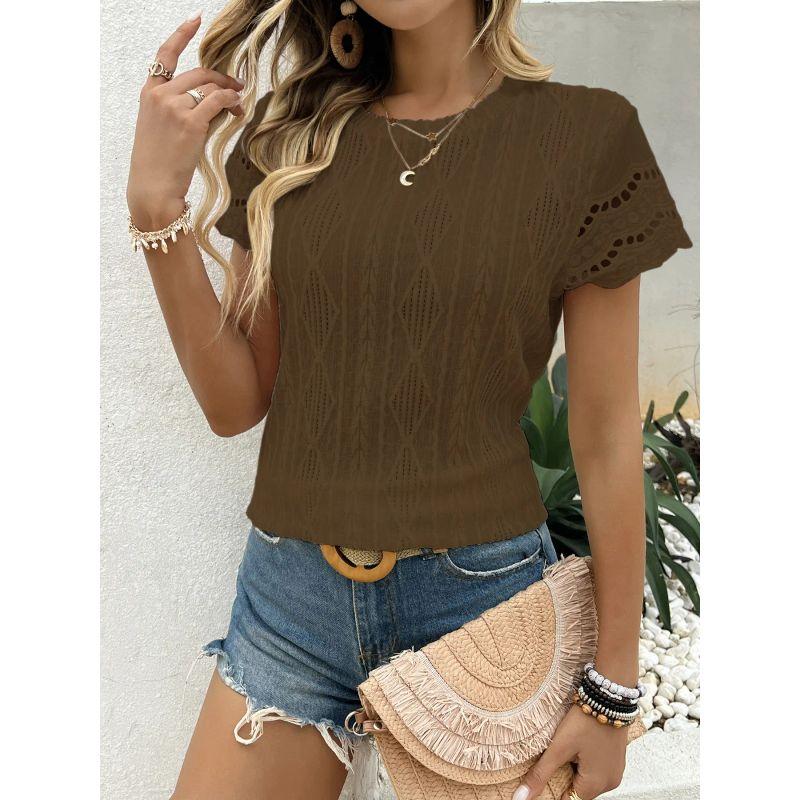 European and American New Fashion round Neck Hollow out Short sleeve round Neck T-shirt Top Women Women's T-shirt Top