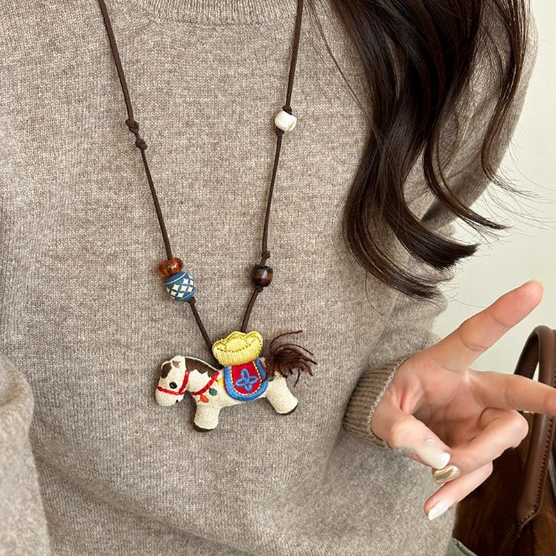 High-End Wooden Bead & Resin Horse Necklace - Luxurious Sweater Chain with Unique Design
