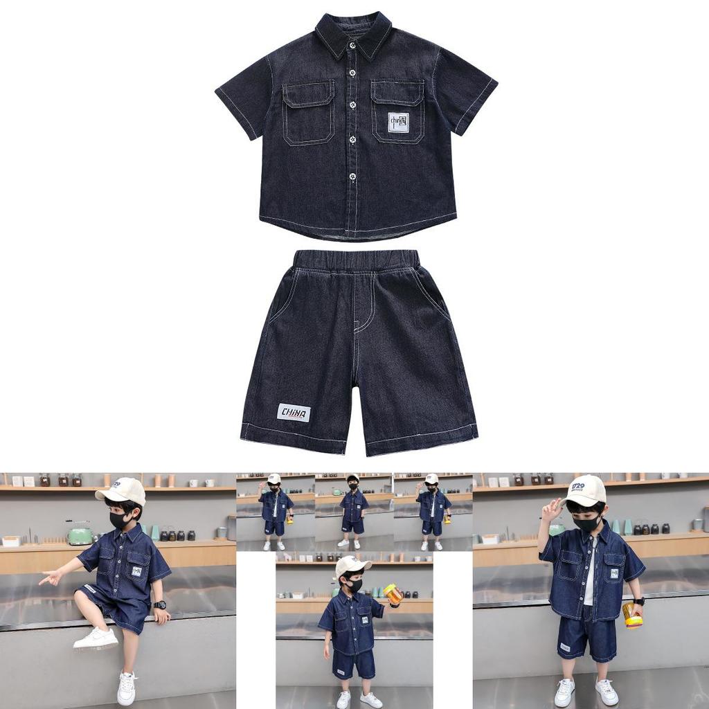 Trendy Blue Boys Denim Short Sleeve Set For Summer Stylish Casual Outfit For Kids
