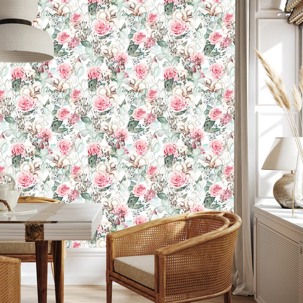 Roses and Eucalyptus Leaves Wallpaper In Watercolor Style 50x1000