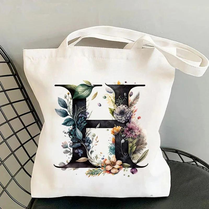 26 Black Alphabet Flower Tote Bags For Women Large Capacity Canvas Casual New Shopping Printed Reusable Handbag Eco Bag Large