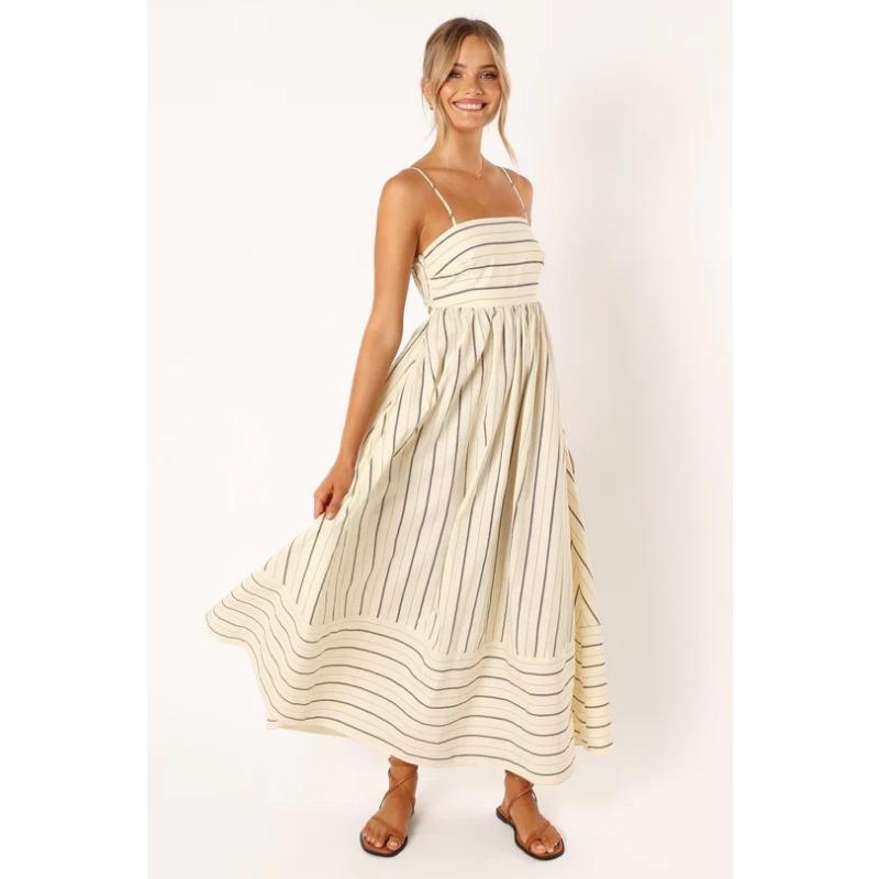 Women Striped Spaghetti Strap Maxi Dress With Empire Waist S абрикосовый