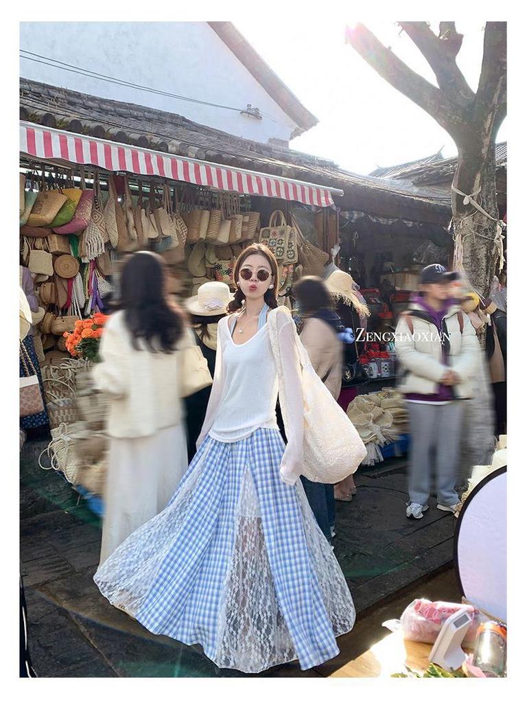 Zeng Xiaoxian Women's Irregular Blue Plaid Lace A-line Long Skirt: Summer 2025 Beachwear.