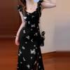 2026 New Coffee Break French Black Floral Dress Summer Women's High-end Small Flying Sleeves Waist Long Dress