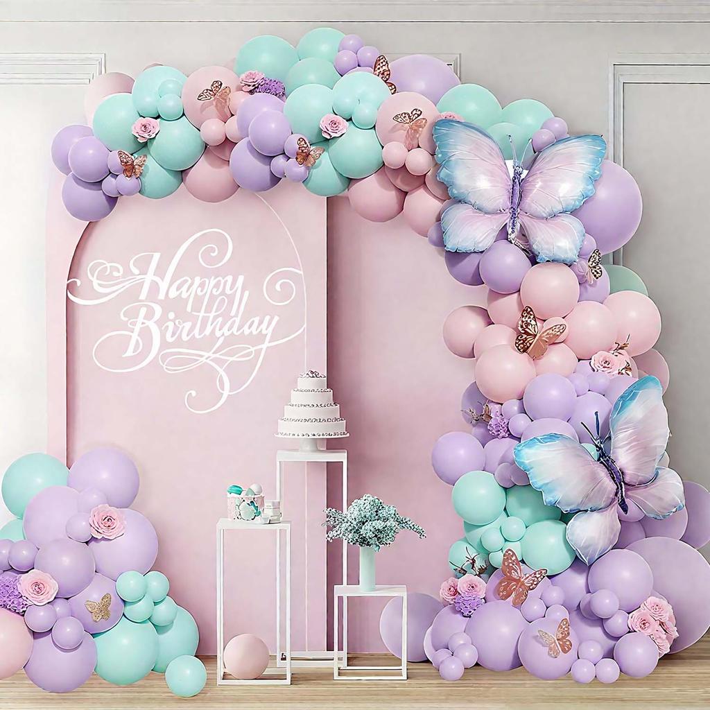 Purple Butterfly Balloon Set, Butterfly Aluminum Film and Macaron Latex Balloon for Graduation Ceremony Birthday