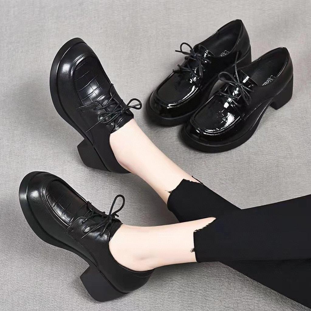 Round Head Platform Women's Shoes Spring New Lace-up Small Leather Shoes Thick Heel Thin First Layer Cowhide Single Shoes
