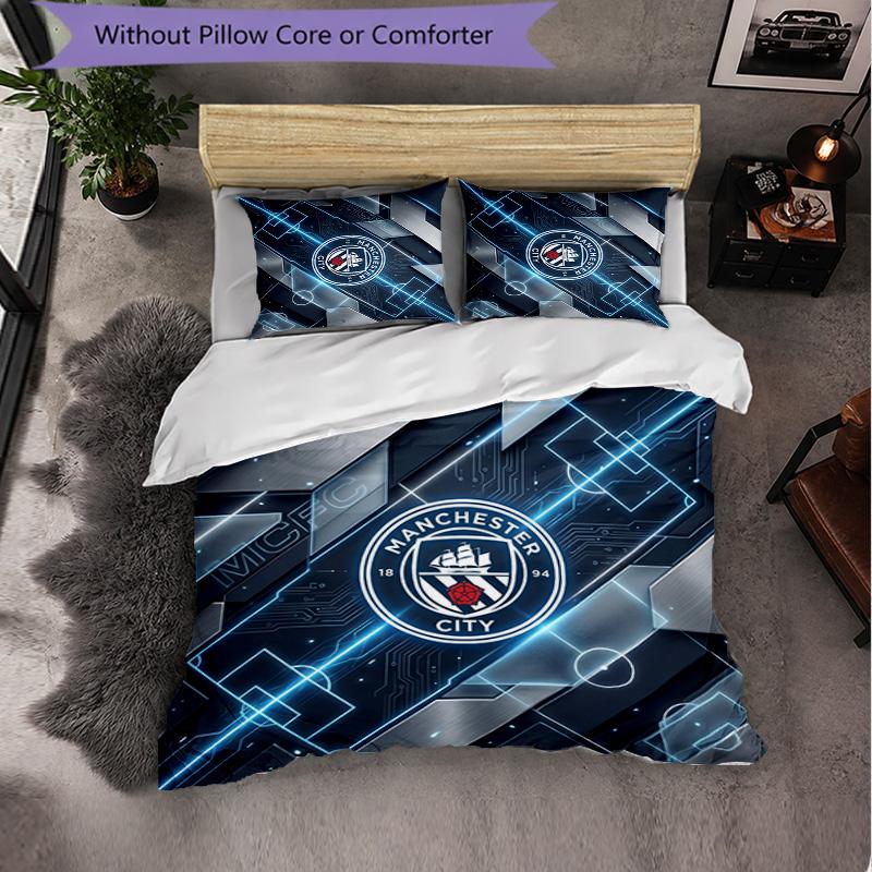 Manchester City Pattern 3 Pieces Bedding Set Soft Microfiber Duvet Cover with Pillow Cases for Bedroom