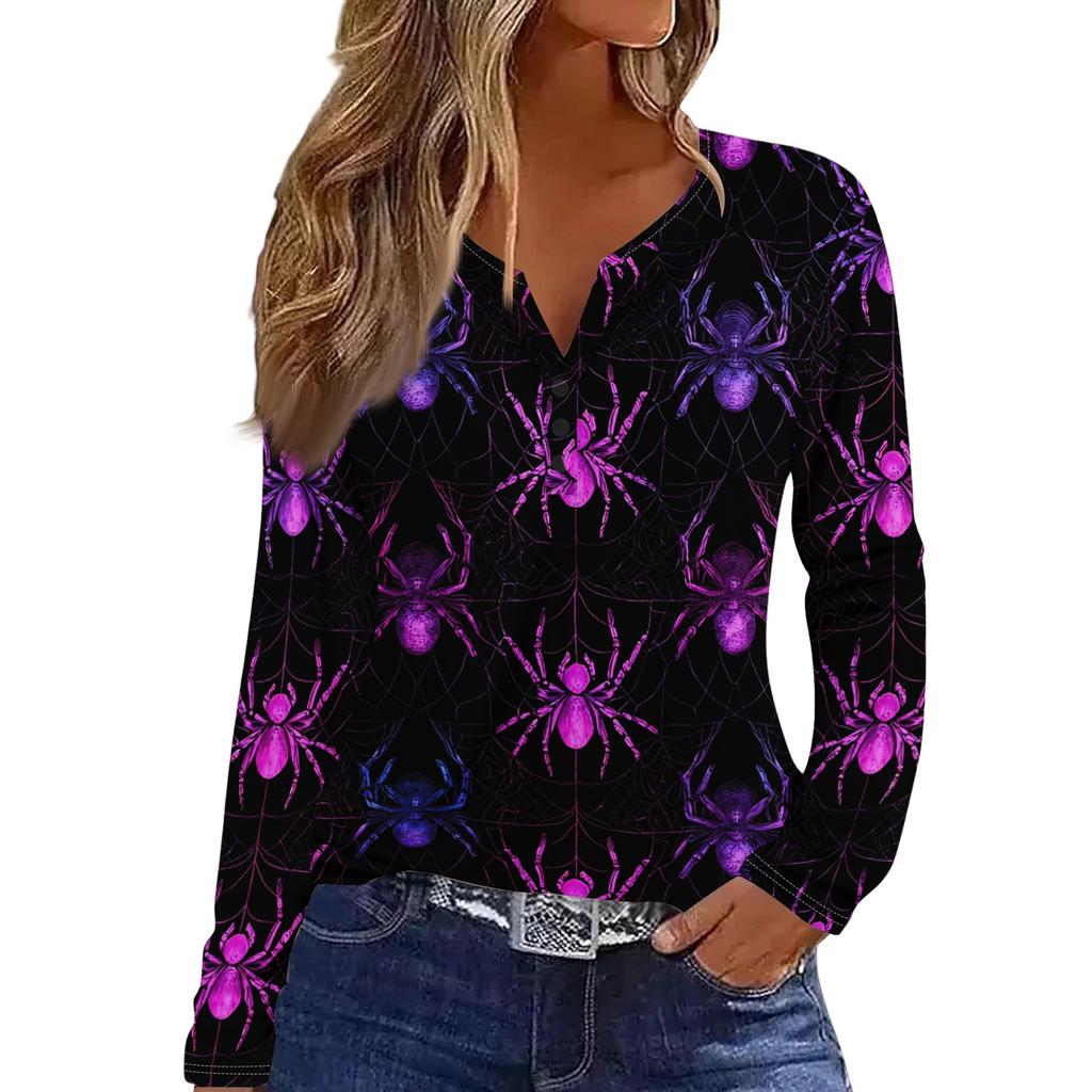Women's Casual Long Sleeve V-Neck T-Shirt with Halloween Print and Decorative Buttons
