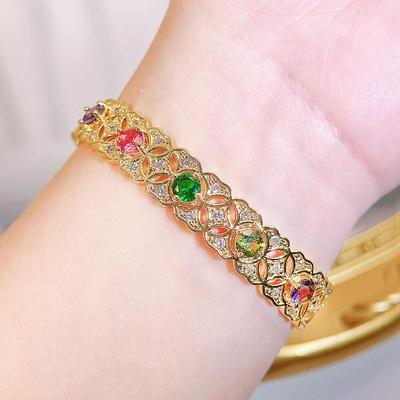 WWJ Royal And Noble Party Wedding Golden Adjustable Opening Bangle Luxurious Retro Women's Jewelry Accessories Colored CZ Zircon Bracelets