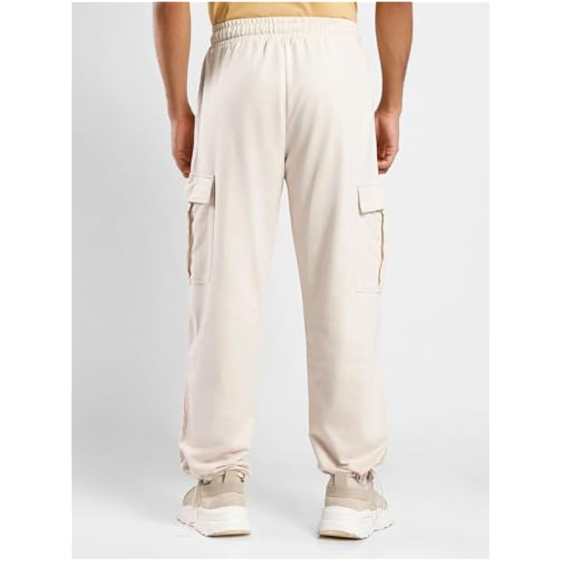 NOBERO Men's Beige Onyx Mid-Waist Straight Fit Cotton Elasticated Joggers with Utility Box Pockets,Beige,Men-M