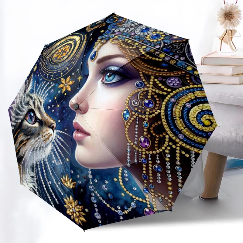 

1pc Sturdy 8-Bone Auto Umbrella, Adorable Black Feline Pair Umbrella, Digital Printed, Foldable Umbrella for On-the-Go Outdoor Use