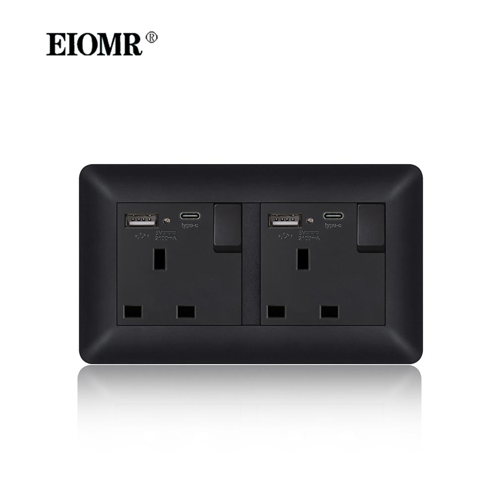 EIOMR 13A UK Standard Plug Power Wall Socket and Switch 250V, with USB Type-C Charger Port 5V 2.1A, Black PC Curved Frame Panel