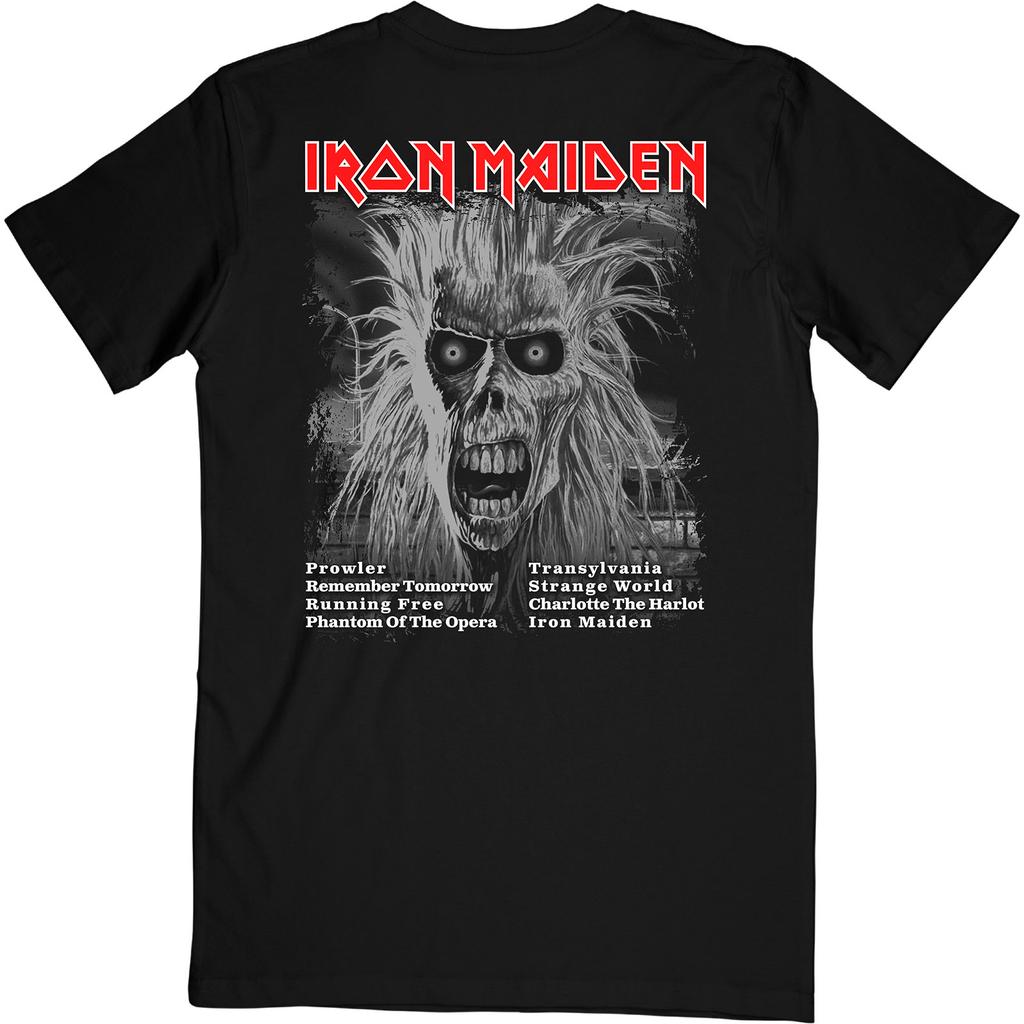 Iron Maiden Unisex-Erwachsene-Titelliste des ersten Albums V.3. T-Shirt mit Rückenprint