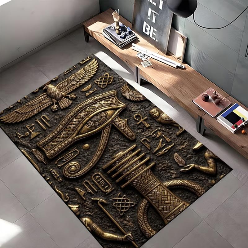Area Rug, Eye of Horus Gold Relief Ancient Egyptian Wall Carving Print, Living Room Decor, Non-Slip Mat