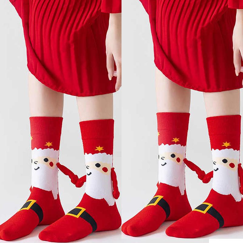 2026 New Women Winter Christmas Hand in Hand Socks Mid Tube Pure Cotton Magnetic 3D Creative Personalized Couple Socks