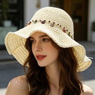 Cappello da Donna a Tesa Larga con Cinturino Regolabile Cappello di Paglia Uncinetto Traforato Traspirante Pieghevole Cappello da Sole Estivo per Esterno