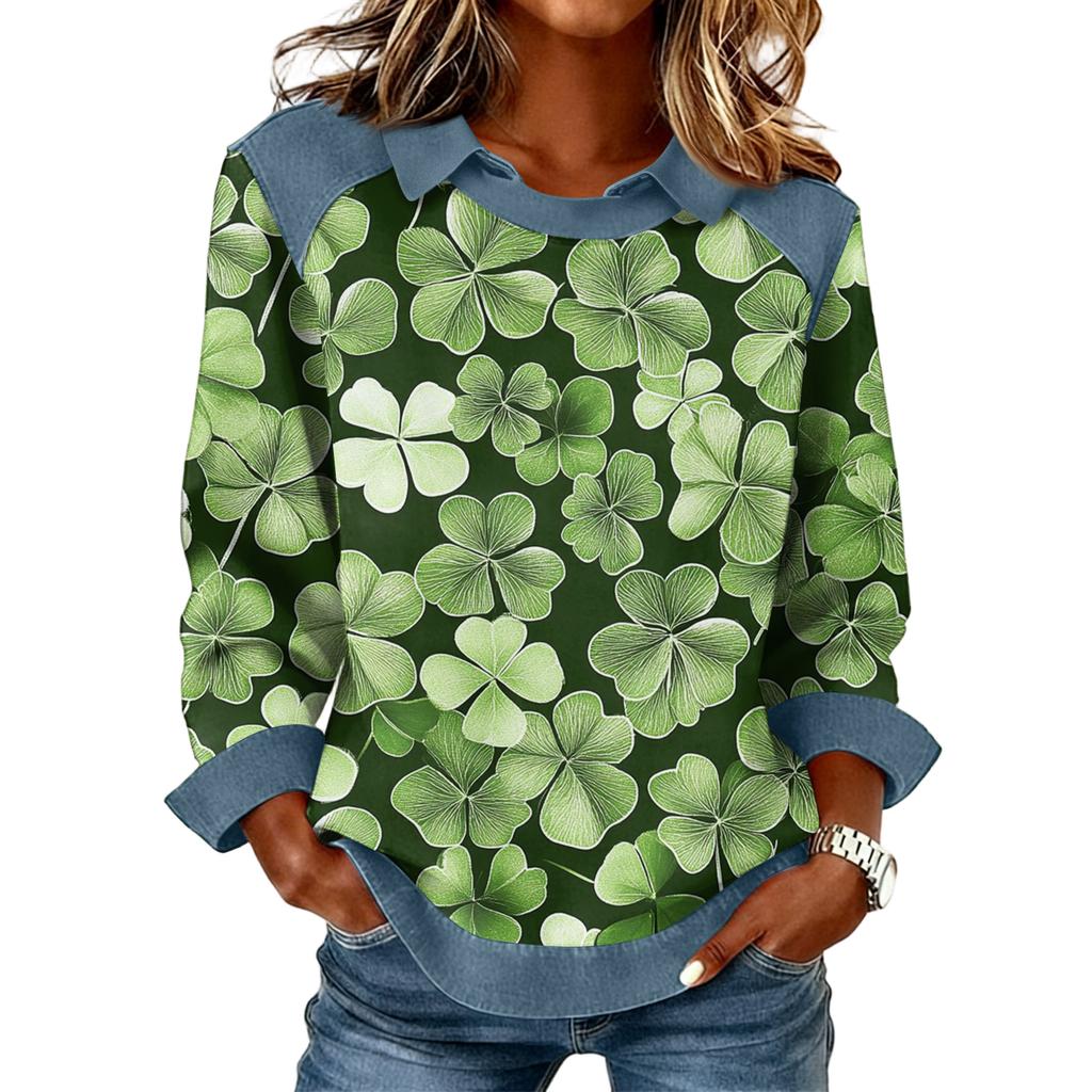 Long Sleeve Denim Patchwork Sweatshirt with Print Crew Neck Casual Pullover Top for Women Fashion Style