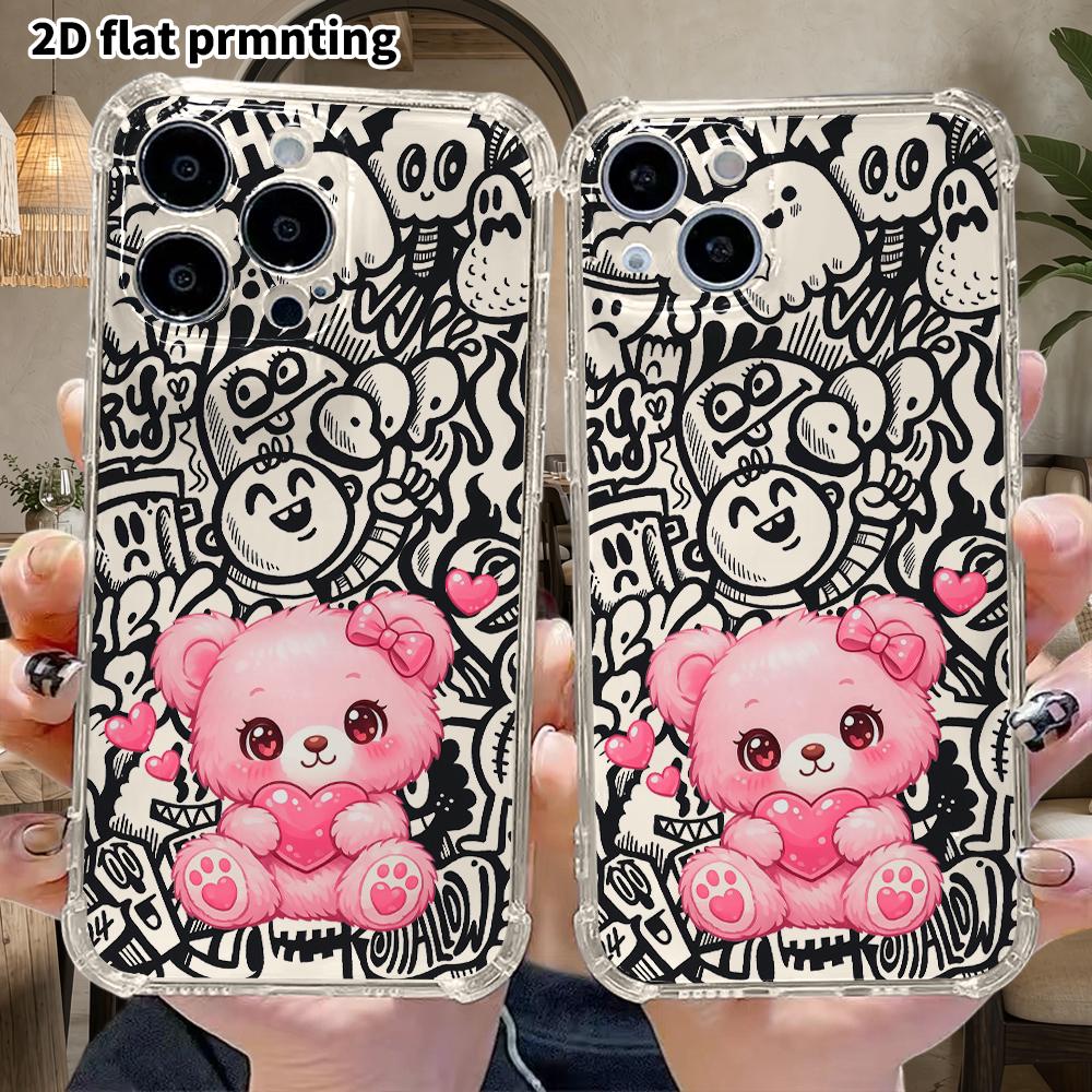 Phone Case: 2D Flat Suitable for iPhone 18 17 16 15 14 13 Pro, Transparent Four Corner Protective Case, Pink Bear, Christmas and Halloween Gift