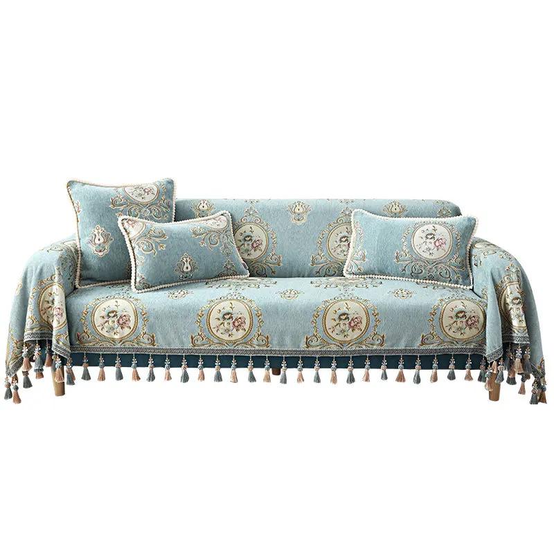 Europäisches Jacquard-Sofatuch mit Blumenmuster, dickes Chenille, vollständig bezogener Sofabezug mit Quaste, All-Inclusive-Schonbezug, 1, 2, 3, 4 Sitzer