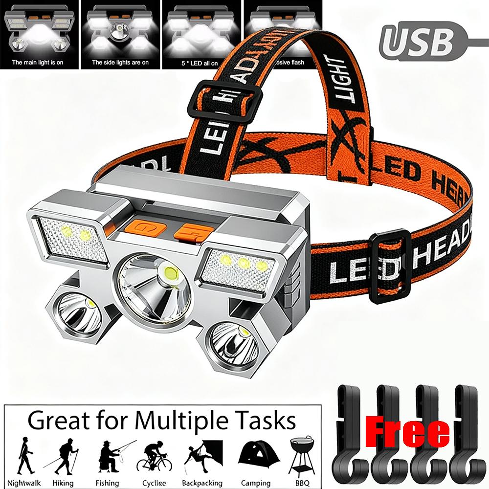 Ultra-bright Rechargeable Headlamp Portable 5 LED Headlight Head Torch Waterproof Working Light Outdoor Camping Fishing Cycling