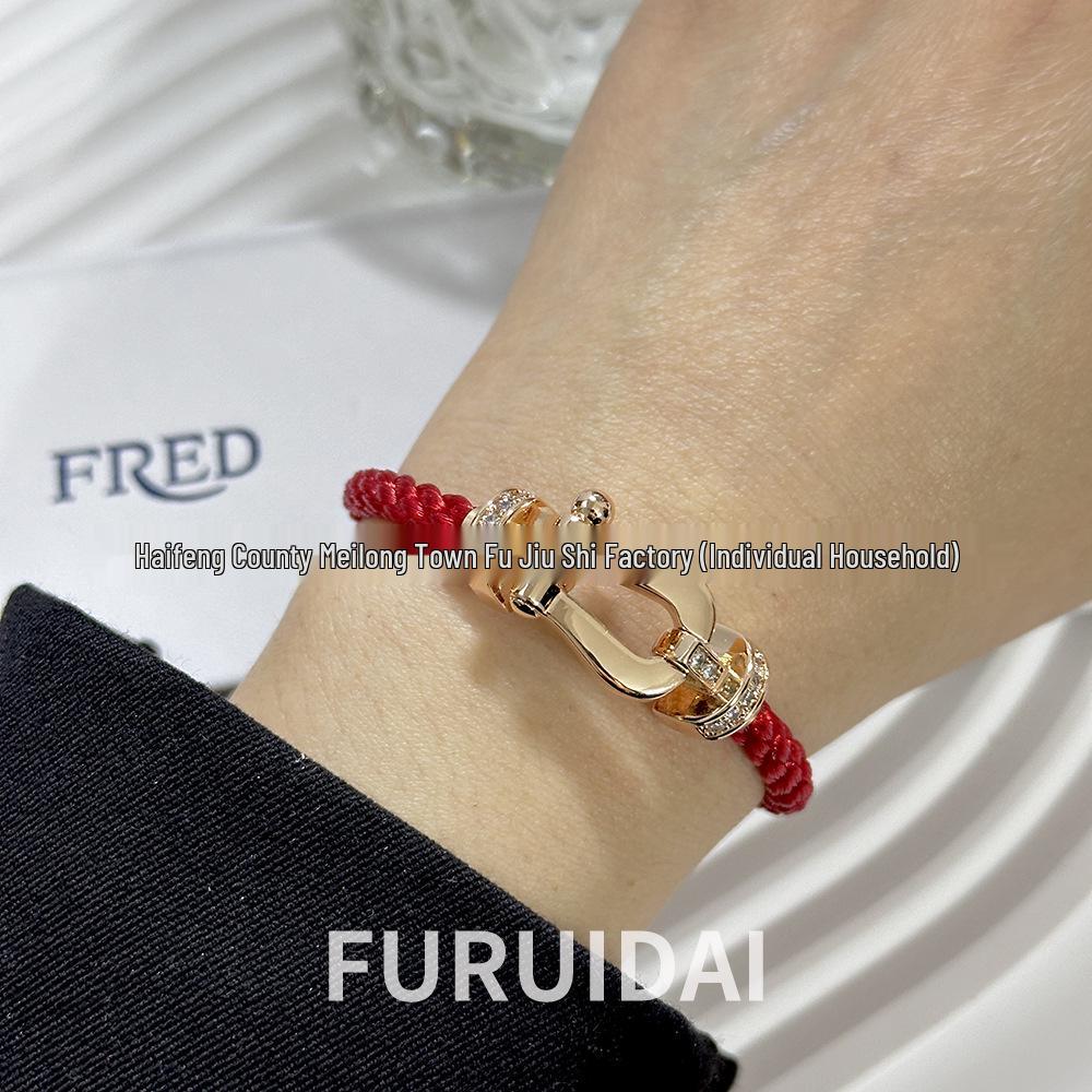 Bracciale Fred Placcato Oro 18k con Ferro di Cavallo Diamantato Zodiaco Corda Rossa - Unisex Stile Fai da Te a Forma di 8