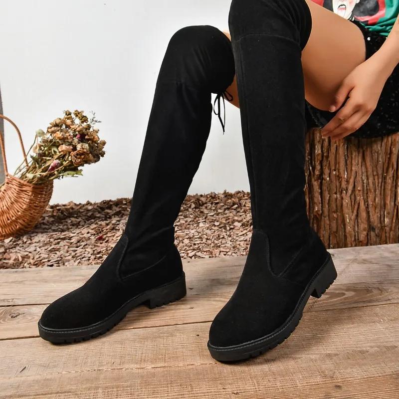 New Fashion Women's High Boots Solid Color Slip-on Comfortable Versatile Lace-up Spring and Autumn Women's Nude Boots