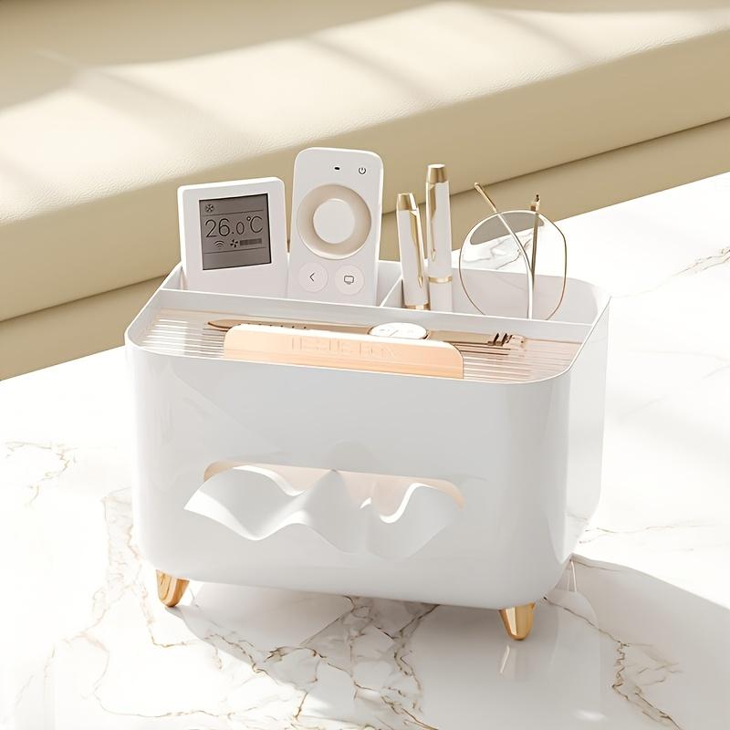 1pc Multifunctional Desk Organizer Tissue Box with Remote Storage - Stylish Cream Design, 3 Compartments for Home Office or Study Table Organization