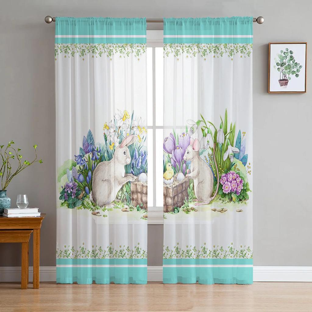 Easter Truck Bunny Butterfly Cherry Blossom Curtains Living Room Voile Curtain Bedroom Tulle Window Drapes Sheer Made Of Polyester Sitting Decor