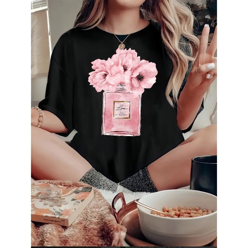 

European size Chic Floral Perfume Print Women s T-Shirt - Casual Short Sleeve, Comfortable Summer Top, Machine Washable 4XL