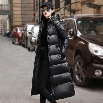 Wintermantel aus schwarzer Baumwolle mit Kapuze und langer Slim-Fit-Kleidung für Damen